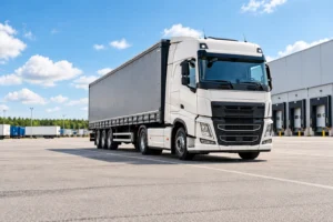 Biała ciężarówka na terminalu w słoneczny dzień — ilustracja oferty TSL